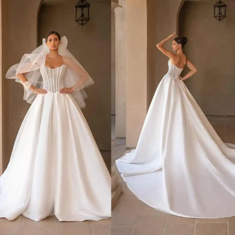Elegant Wedding Dress New Sweetheart Shine Crystal Bridal Dress Satin Brush Train Gowns Robe Vestido De Noiva Size Customized