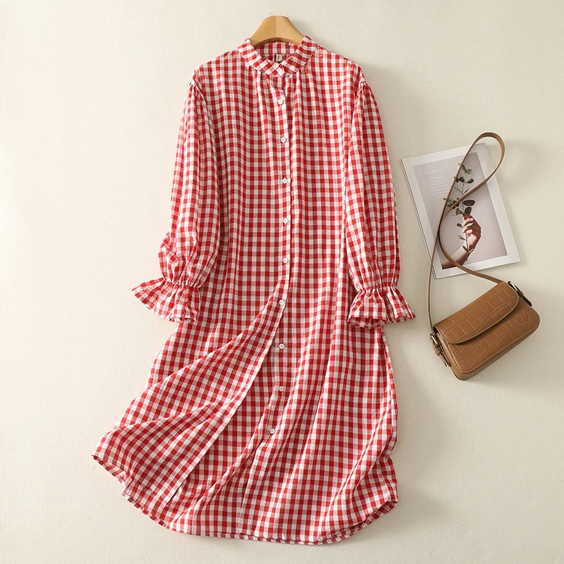

Red Plaid irt Dr Women Spring Autumn Fre Japanese Sle Button Cardigan over Knee Cotton Linen Blend Long Sve Dr