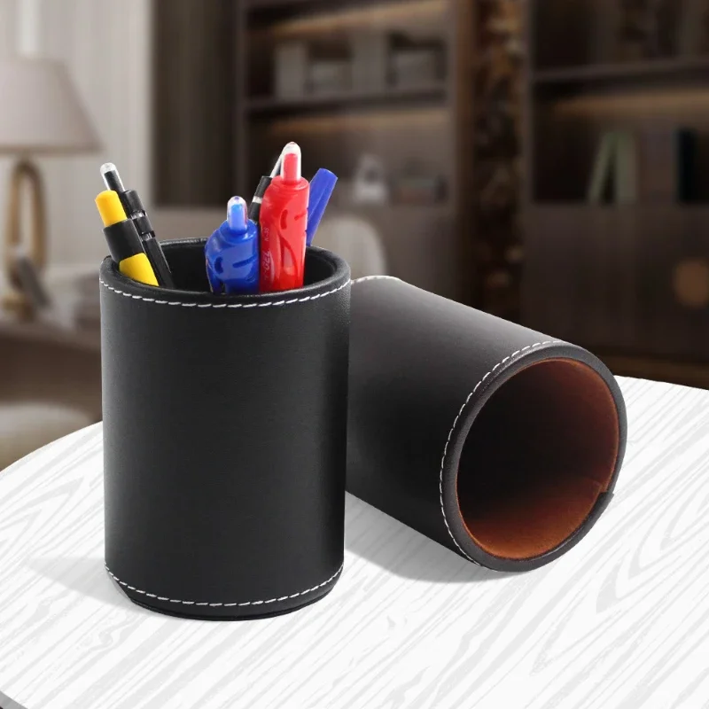 Retro Leather Round Pen Holder Desktop Stationery Sundries Storage Tube Office Supplies Finishing Storage Tank Desktop Organizer