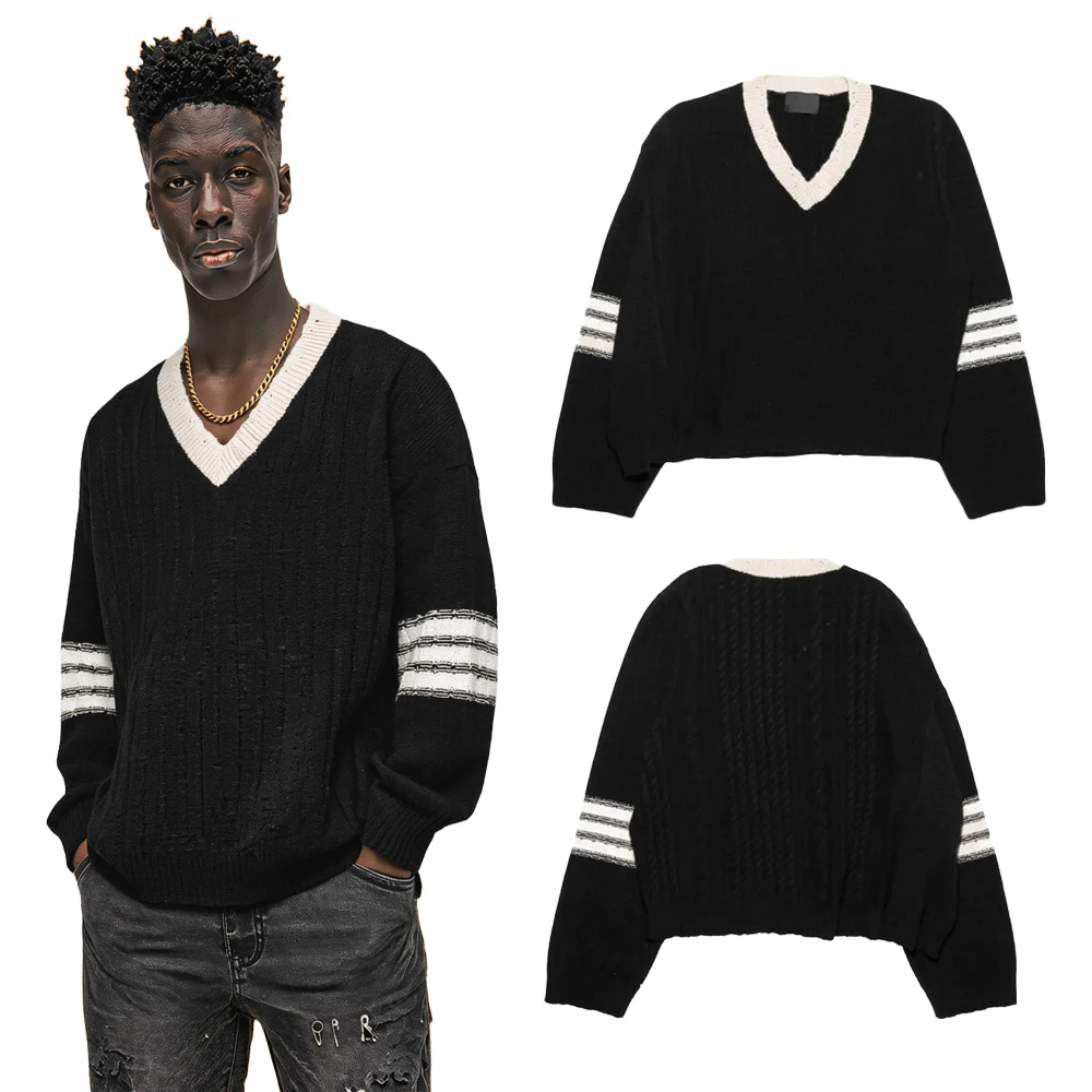 Vintage Y2k Streetwear Retro V Neck Sweaters High Brand Street Style Cotton Casual Patchwork Pullovers Full Sleeve Fall Sweaters