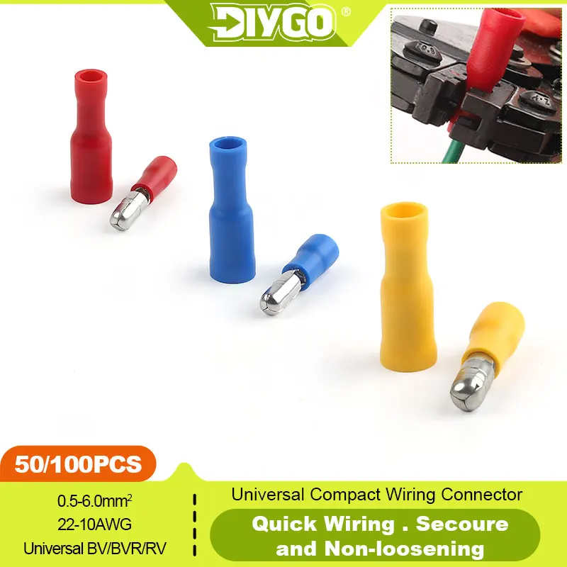 DIY GO 50/100PCS MPD/FRD PVC Bullet Shaped Female Male Butt Insulating Terminals Electrical Audio Wire Crimp Connector