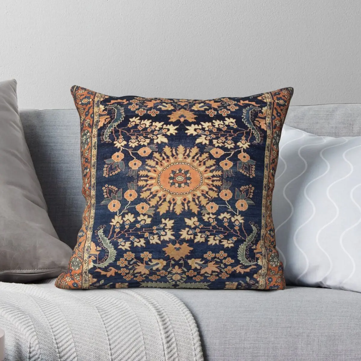 Sarouk Persian Floral Rug Square Pillowcase Polyester Linen Velvet Pattern Zip Decor Sofa Cushion Cover 45x45