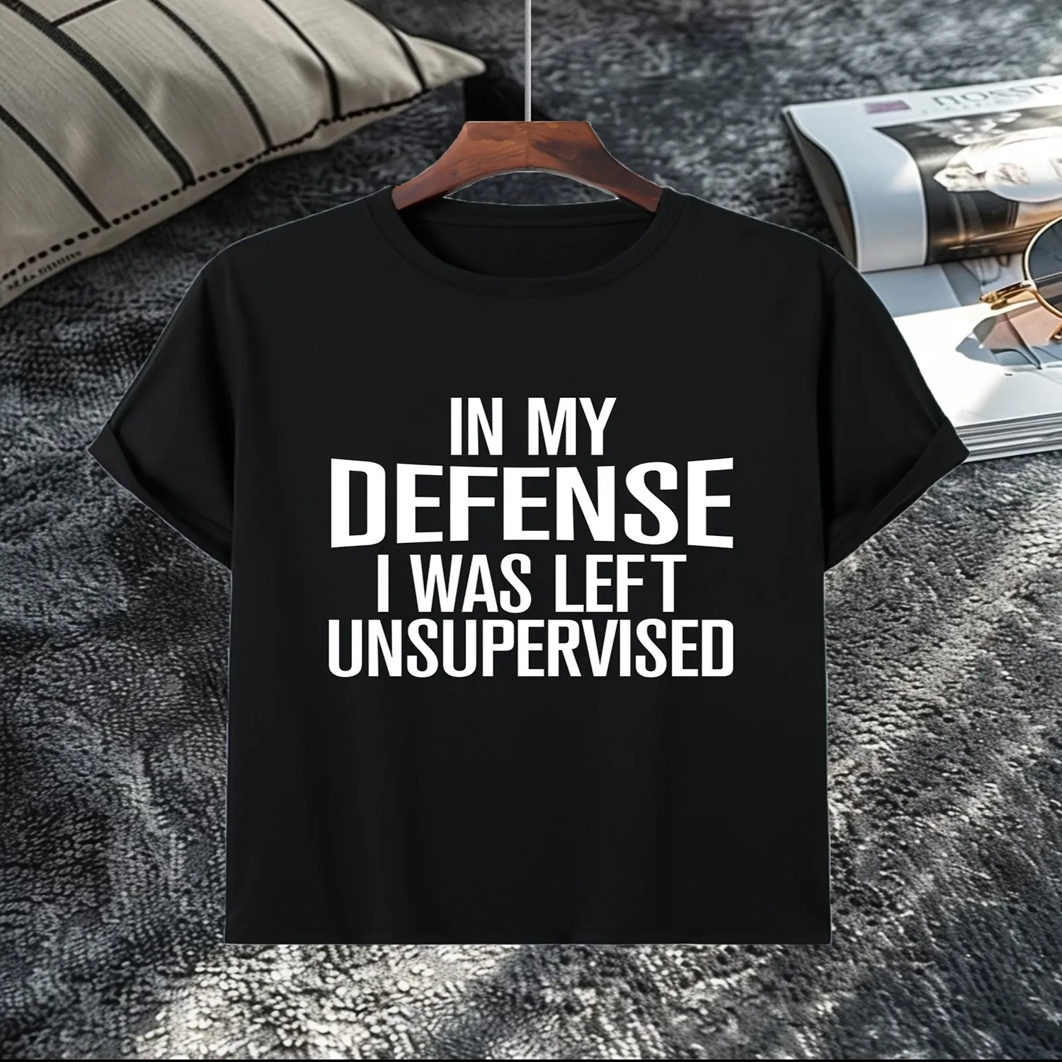 Men'S Casual Short Sleeve T-Shirt _In My Defense I Was Left Unsupervised_ Bold Print Navy Blue Lightweight Summer Round Neck Tee Machine Washablepure Breathable Sweat-Wicking And Soft Suitable fo Gift for him, Retro graphic tee