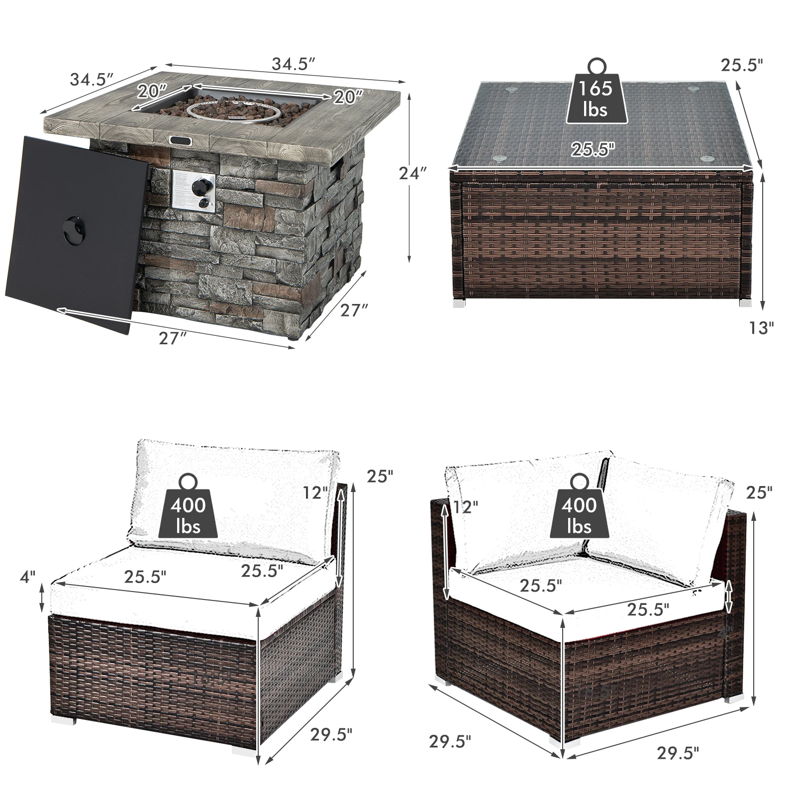 Juego de muebles de Patio de 7 piezas, mesa de fogón de 50.000 BTU, sofá de mimbre con cojines, Color Rojo