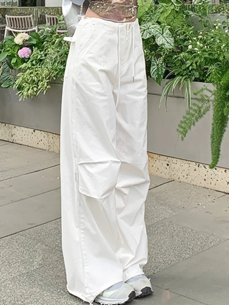 Sommer weiße Mode Cargo hose Frauen Riemchen koreanischen Stil lässig Baggy Pants weibliche hohe Taille Designer elegante Hose neu