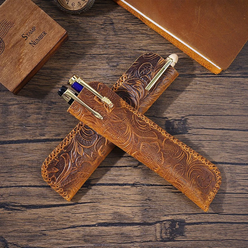 Retro Carved Pen Bag Leather Pen Sleeve Personality Pure Handmade First Layer Cowhide Pen Case Protective Sleeve Pencil Bags