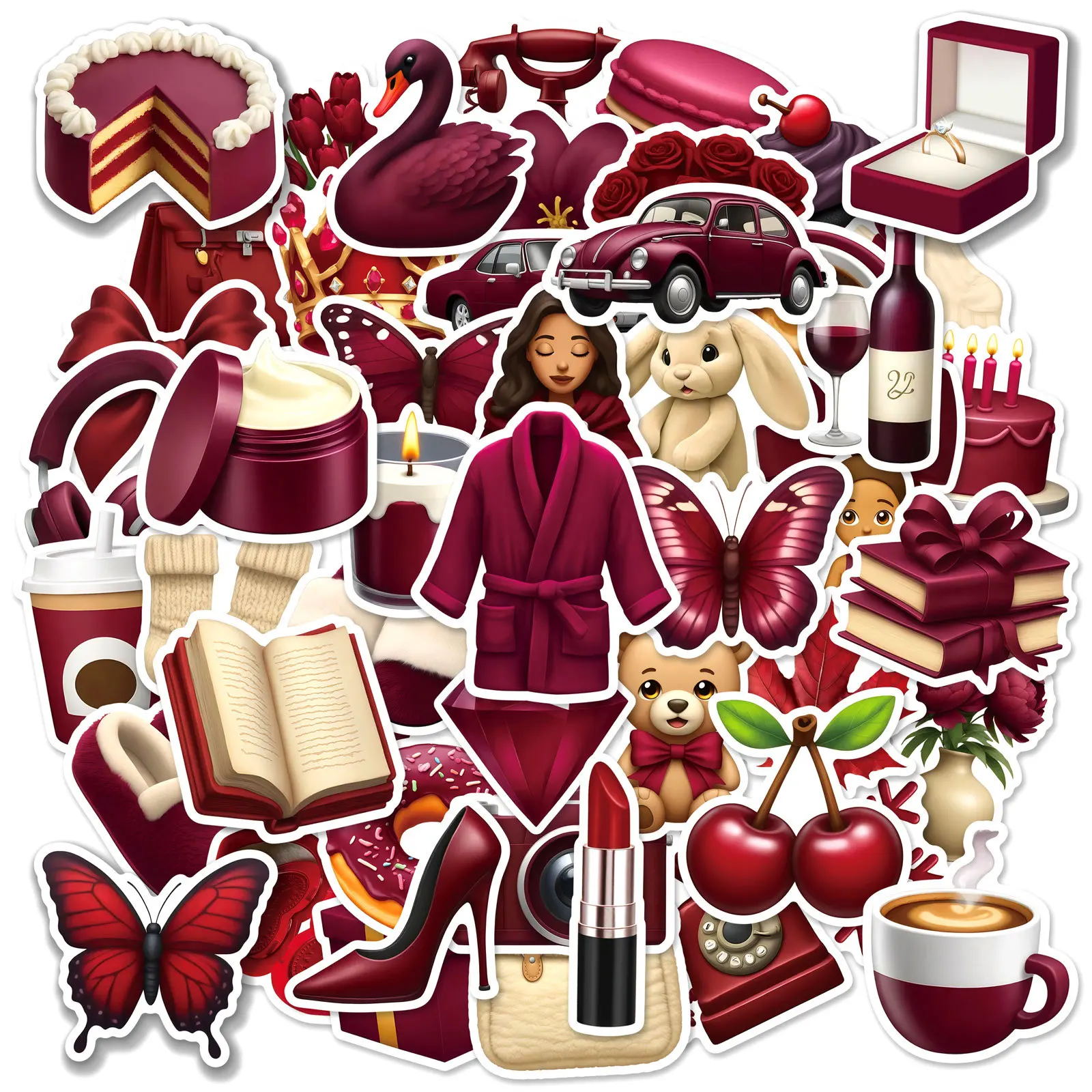 

50PCS Instagram Style Burgundy Girls Life Graffiti Stickers Decorative Luggage Phone Case iPad Waterproof Stickers Kids Toy
