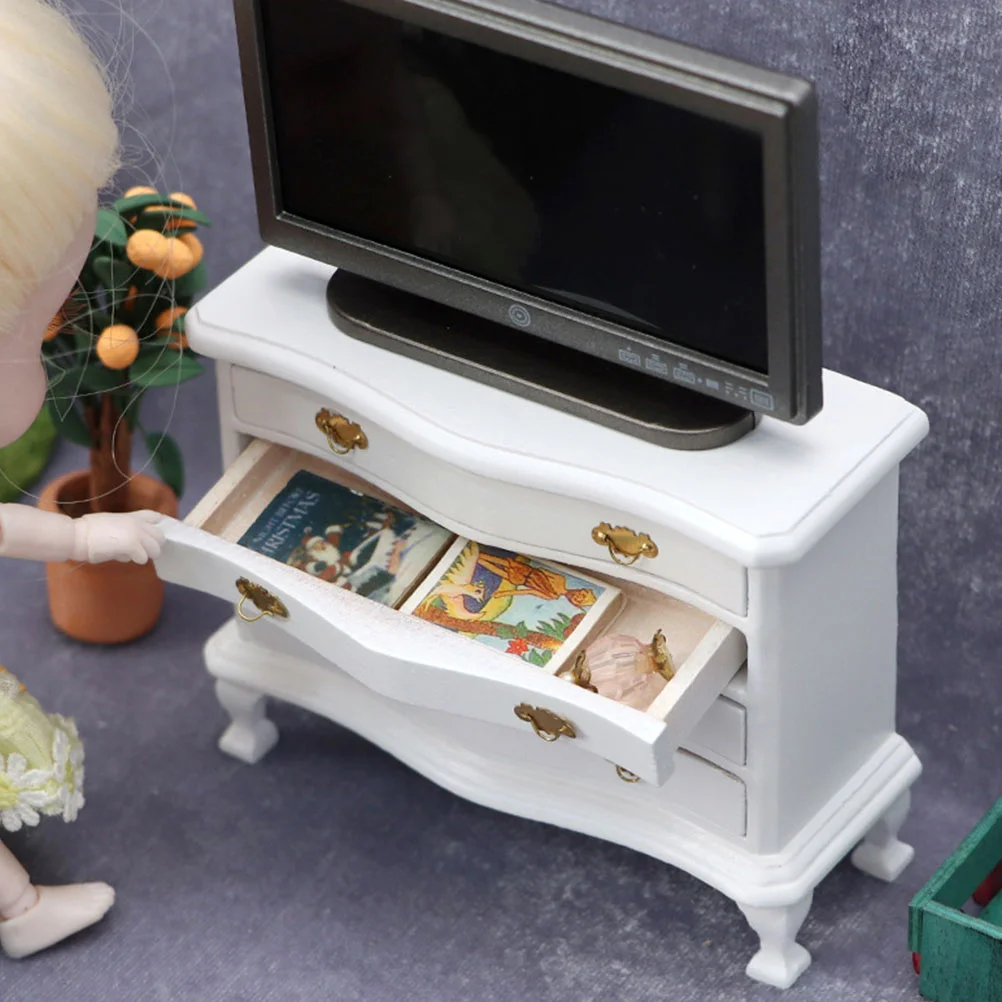 Armadietto per casa delle bambole Decorazione in miniatura Cassettiera multipiano bianca Ornamento Mobili Set da gioco per camera da letto modello in betulla di legno