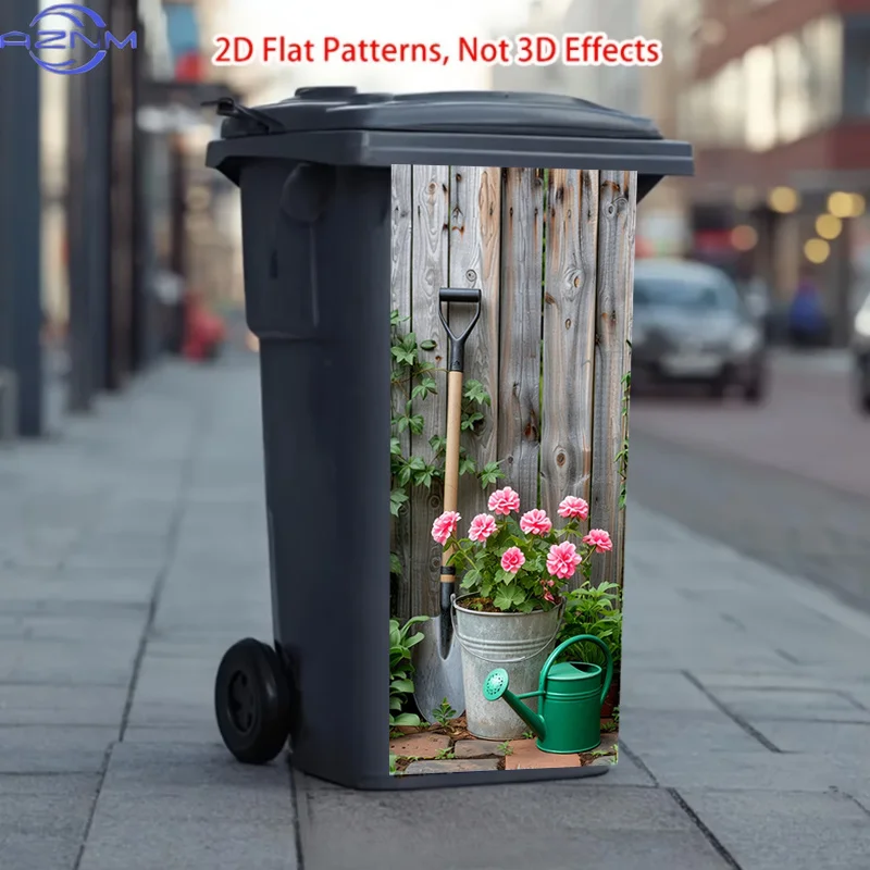 [2D Flat Printing]/Trash Can Sticker, Bucket Flower Shovel Pot Garden Design, Matte Surface Suitable for Indoor And Outdoor De