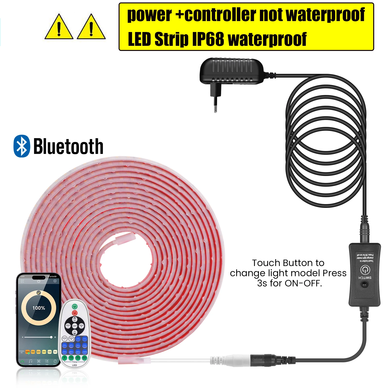 防水Bluetooth LEDストリップライト,フレキシブルリボンランプ,赤,氷,青,緑,白,ピンク,黄色,IP68,120ダイオード/m, EUおよびUS,24V, DC