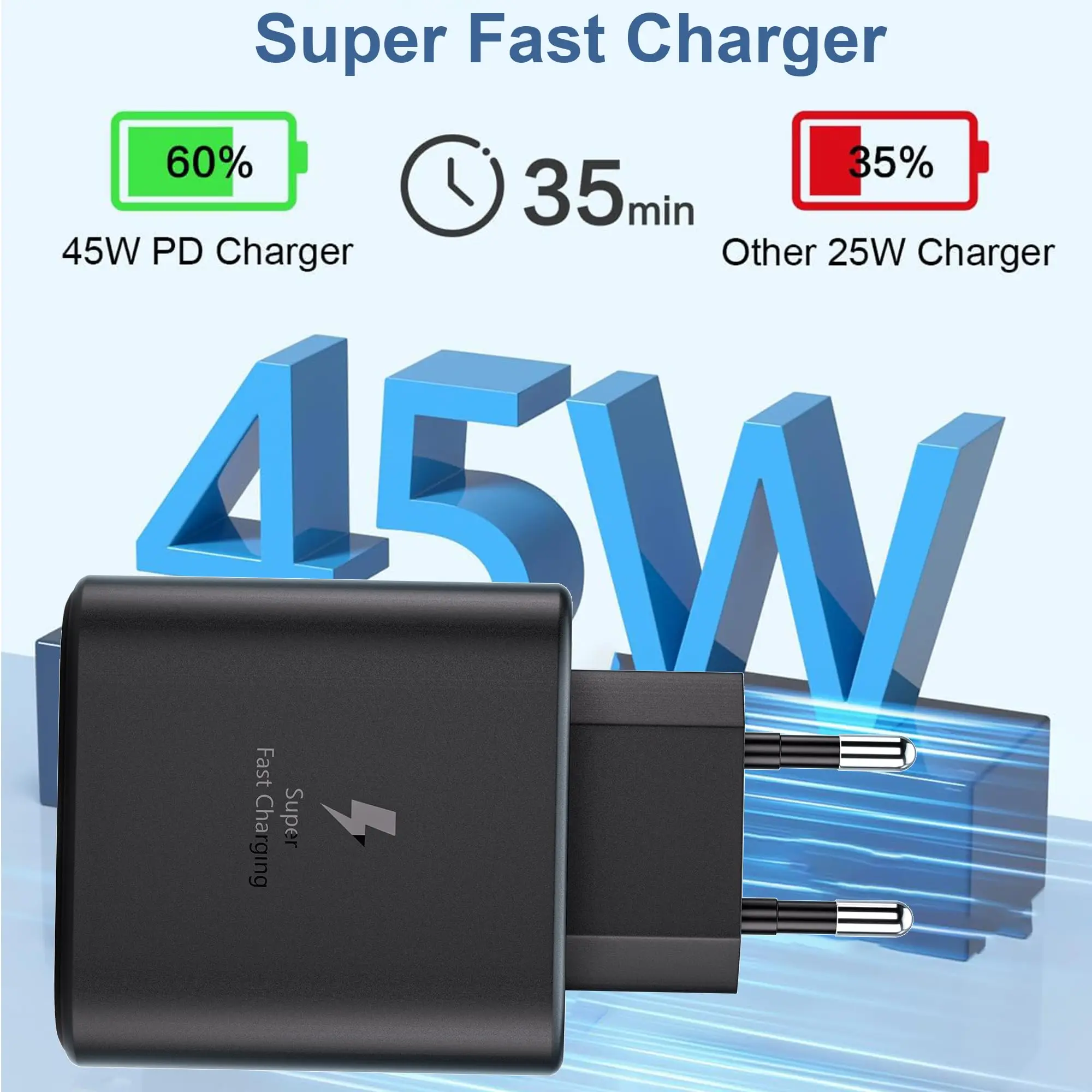 شاحن PD45W فائق السرعة USB-C، PD3.0 PPS معتمد، لهاتف Galaxy S23/S22/S21 Ultra، Note 20، iPad Pro، قابس شحن سريع ﻿ ﻿