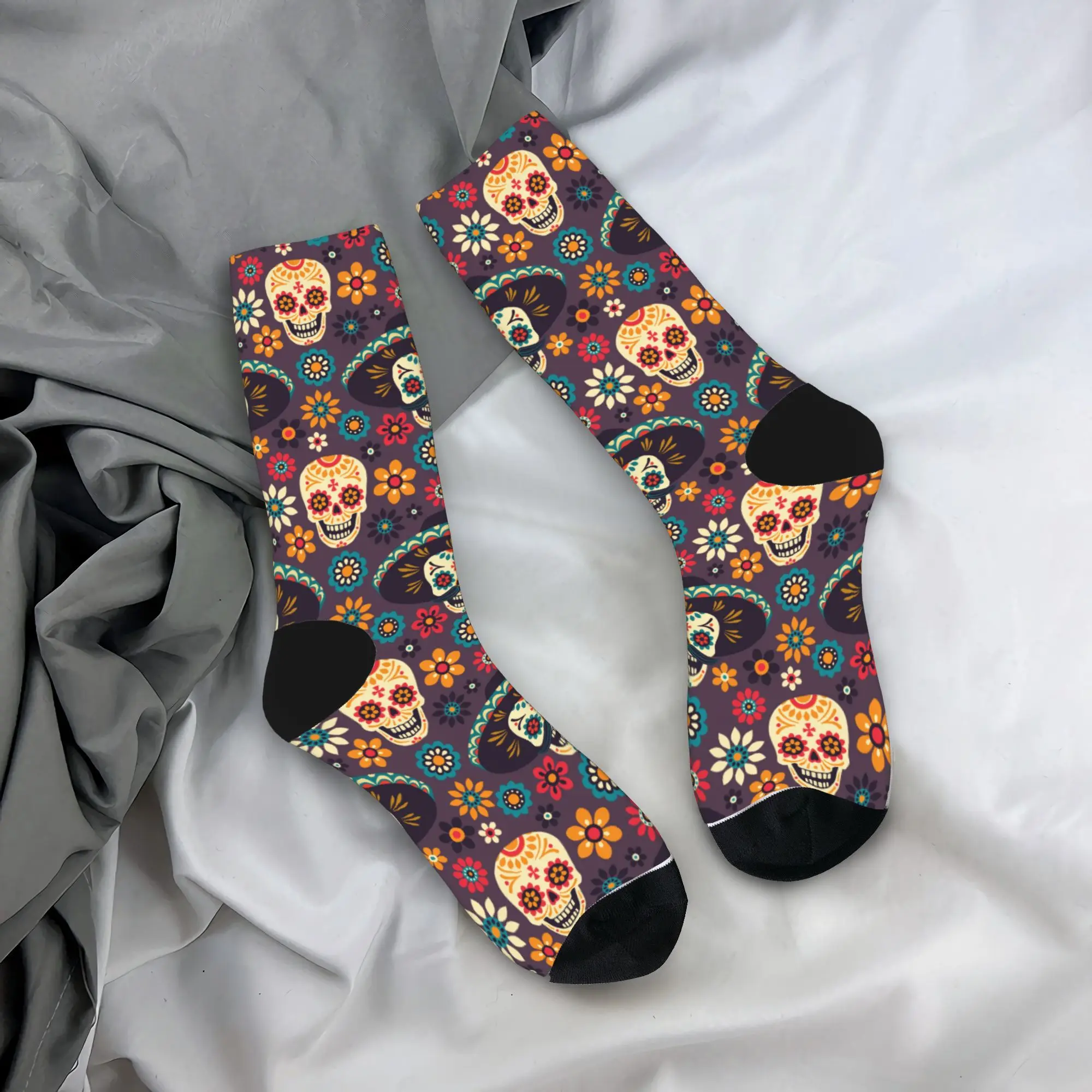 Носки Day Of The Dead для мужчин и женщин, полиэстеровые забавные носки с сахарными черепами и цветами, весна-лето, осень-зима, средние носки-трубы, подарки