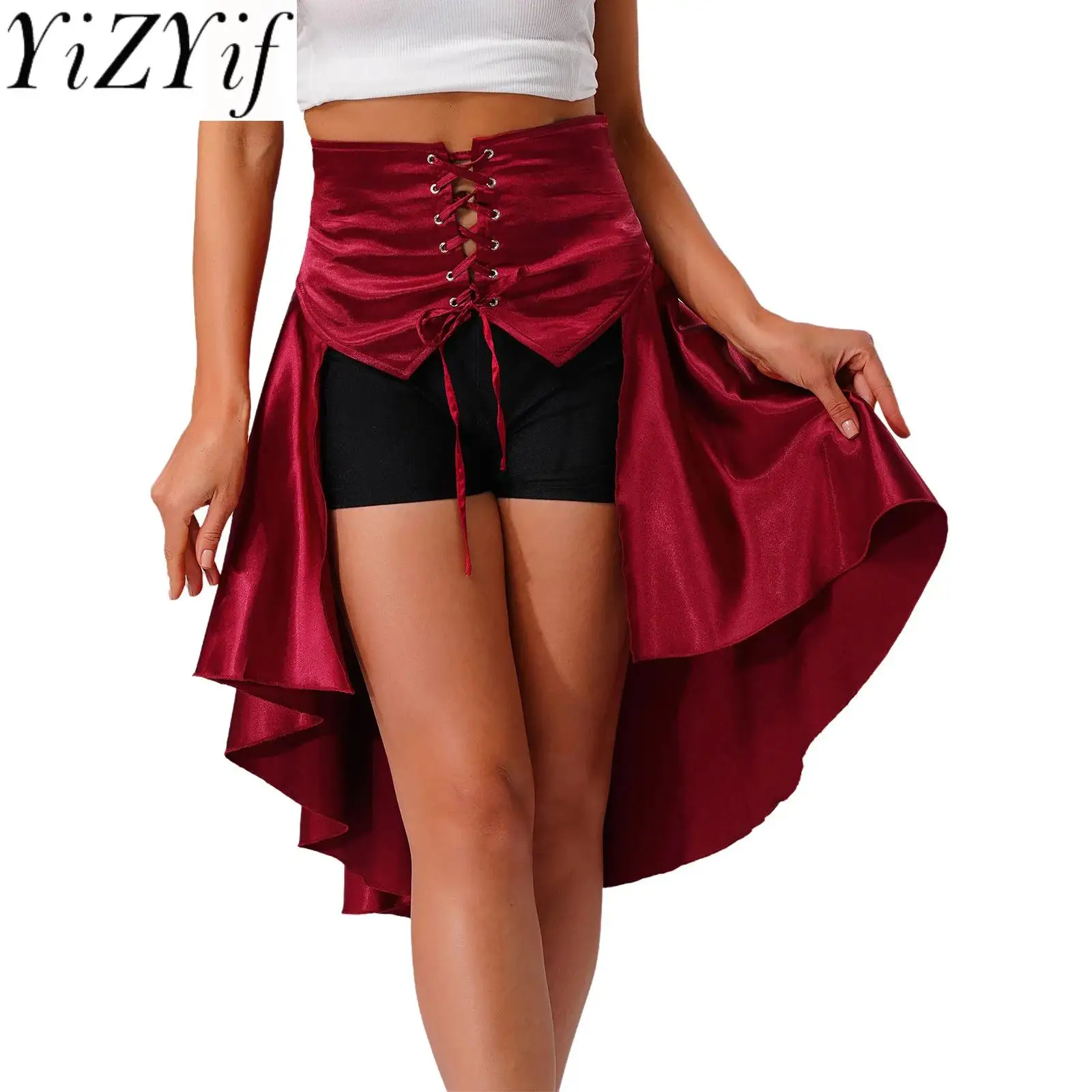 

Women Gothic Stylish Satiny Skirt Royal Palace Princess Bottom Cover Fishtail Ruffled Skirt with Waist Belt Halloween Party