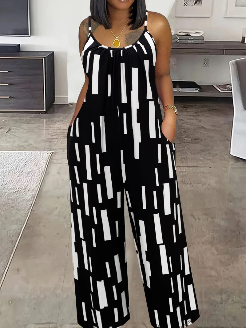 Color Block Crew Neck Jumpsuit, Casual Sleeveless Backless Spaghetti Strap Pocket Desin Jumpsuit For Spring & Summer, Women's Cl