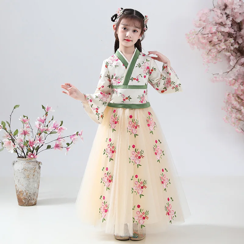 

Girl Mesh Print Hanfu Dress Tangsuit For Spring Autumn 2022 New V-Neck Long Sleeve Patchwork Fashion Princess Dresses Vestidos