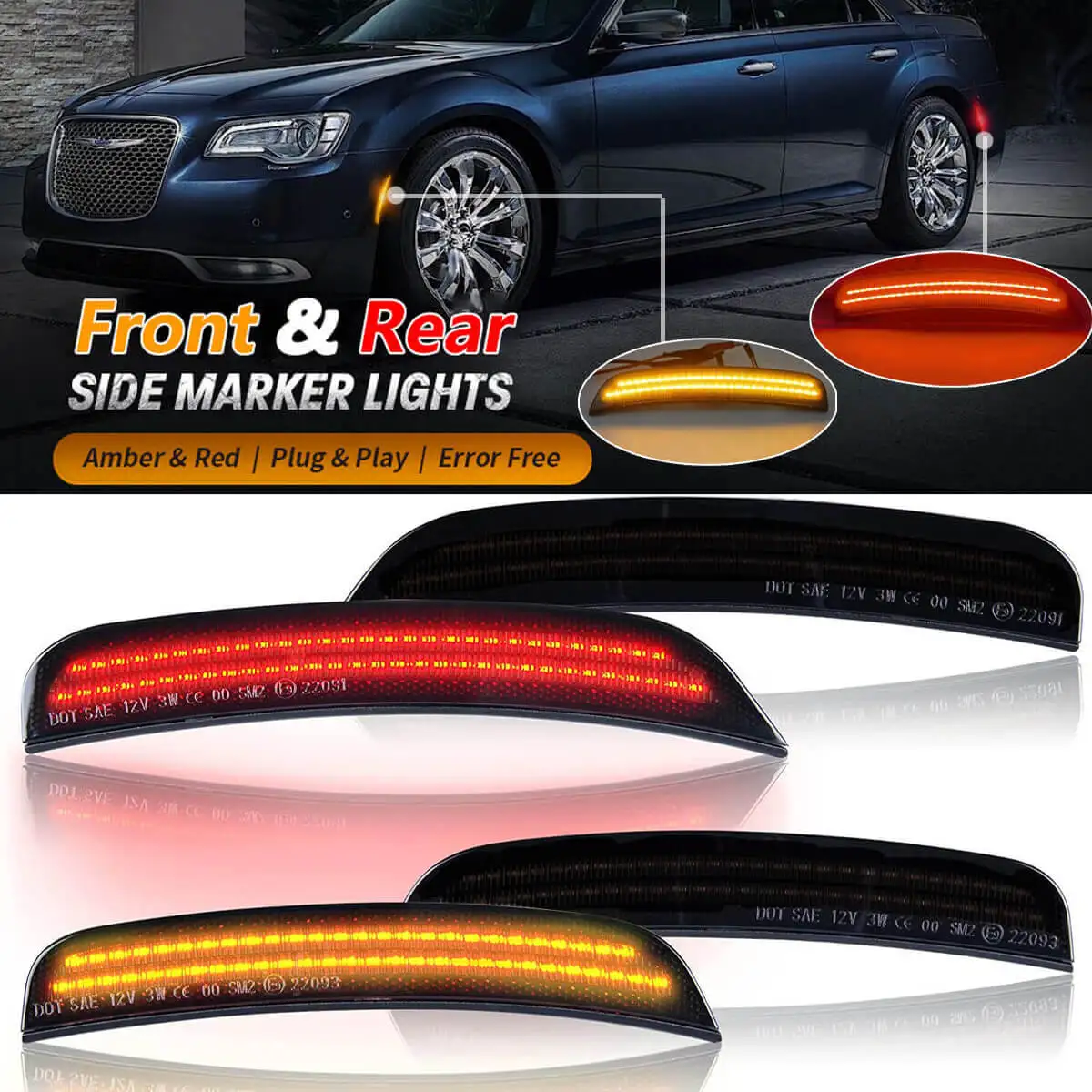 4Pcs Front Rear Side Marker Light Kit For Chrysler 300 2015 2016 2017 2018 2019 2020 2021 2022 Fender Amber/Red Lamps Smoke Lens