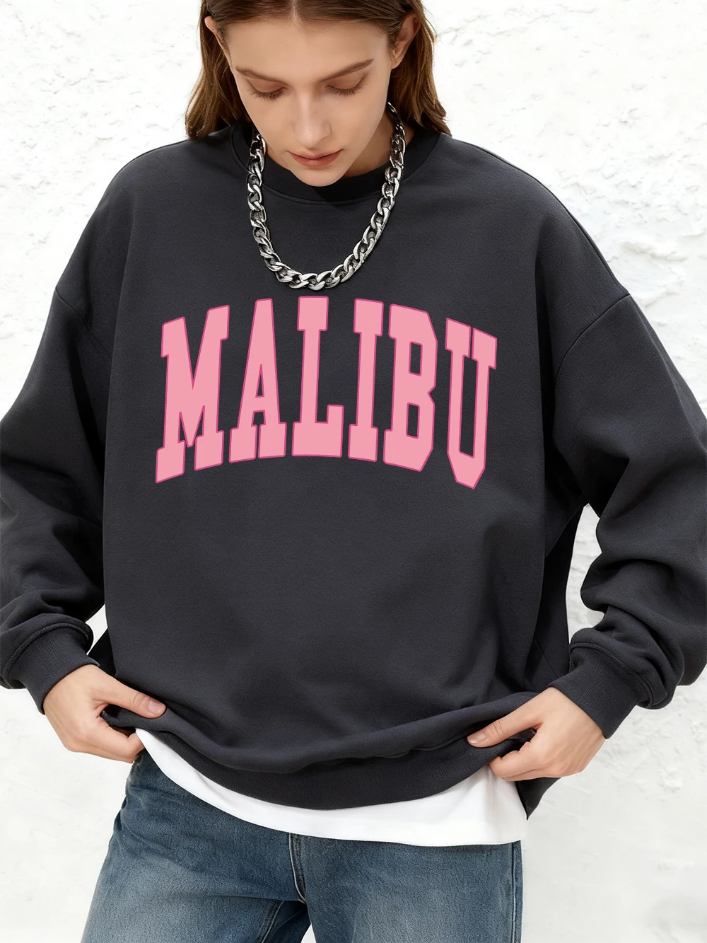 

Толстовки с буквенным принтом Malibu, женские зимние теплые толстовки с длинными рукавами, повседневные пуловеры с круглым вырезом для бега, женская одежда больших размеров