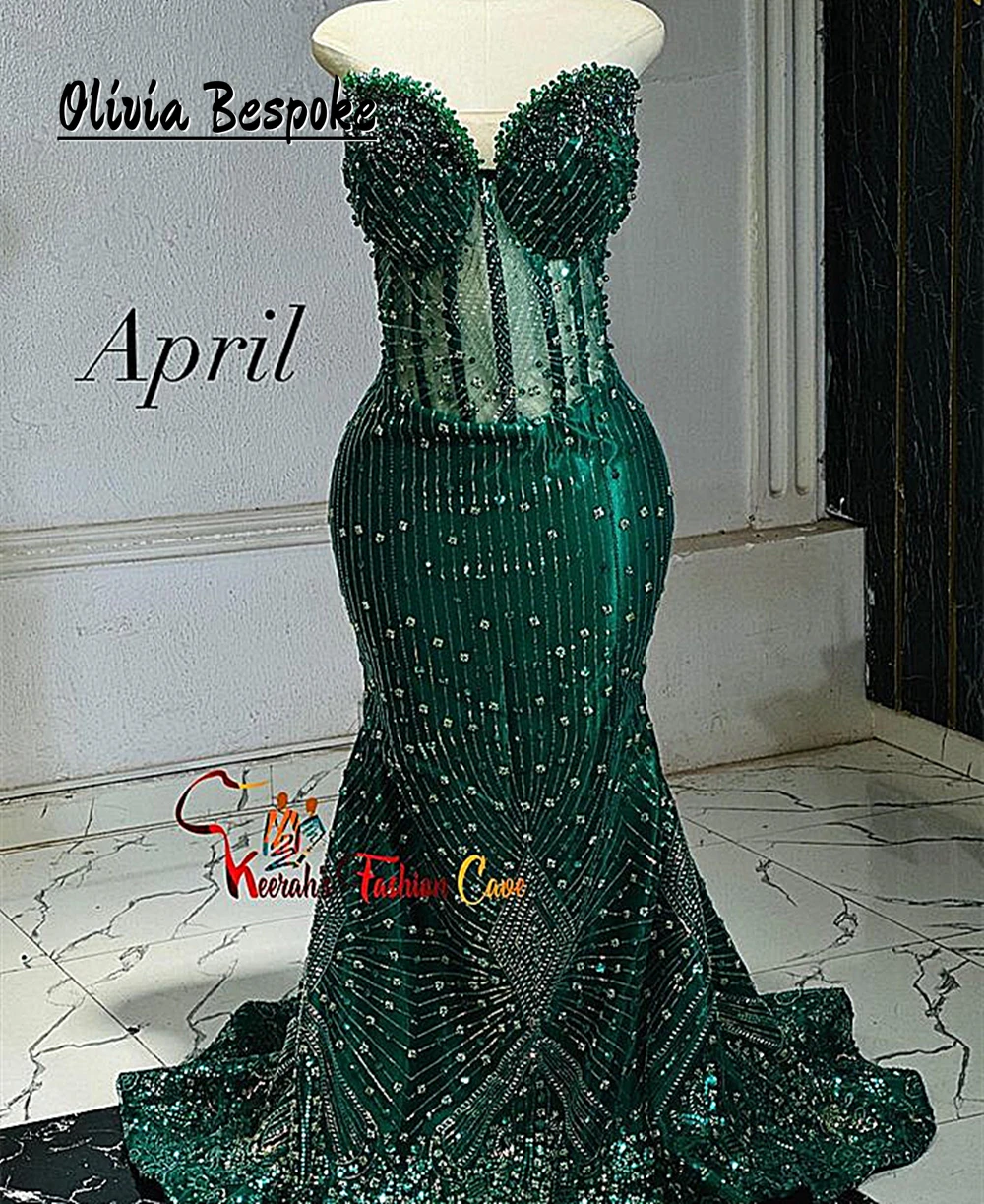 Newfangled Dark Green Aso Ebi Prom Dress Mermaid Beaded Rhinestones Elegant Party Dresses Women 2025 African Cocktail Customized