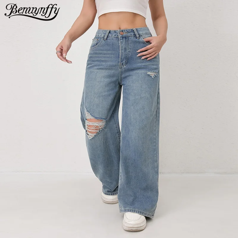 

Benuynffy уличная одежда рваные мешковатые джинсы с высокой талией женские винтажные свободные повседневные прямые широкие джинсовые брюки в стиле Bf