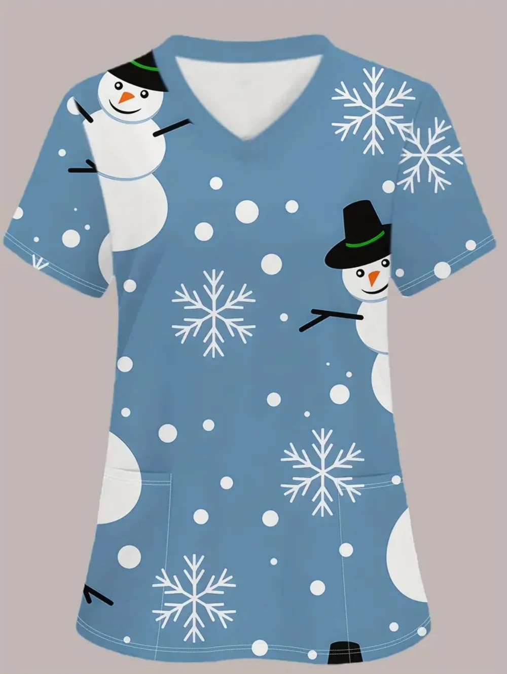 Świąteczne damskie uniformy medyczne Wzór bałwana Dentysta Uniform Moda Krótki rękaw Dekolt w serek Koszulka Scrubs Uniform Kobieta