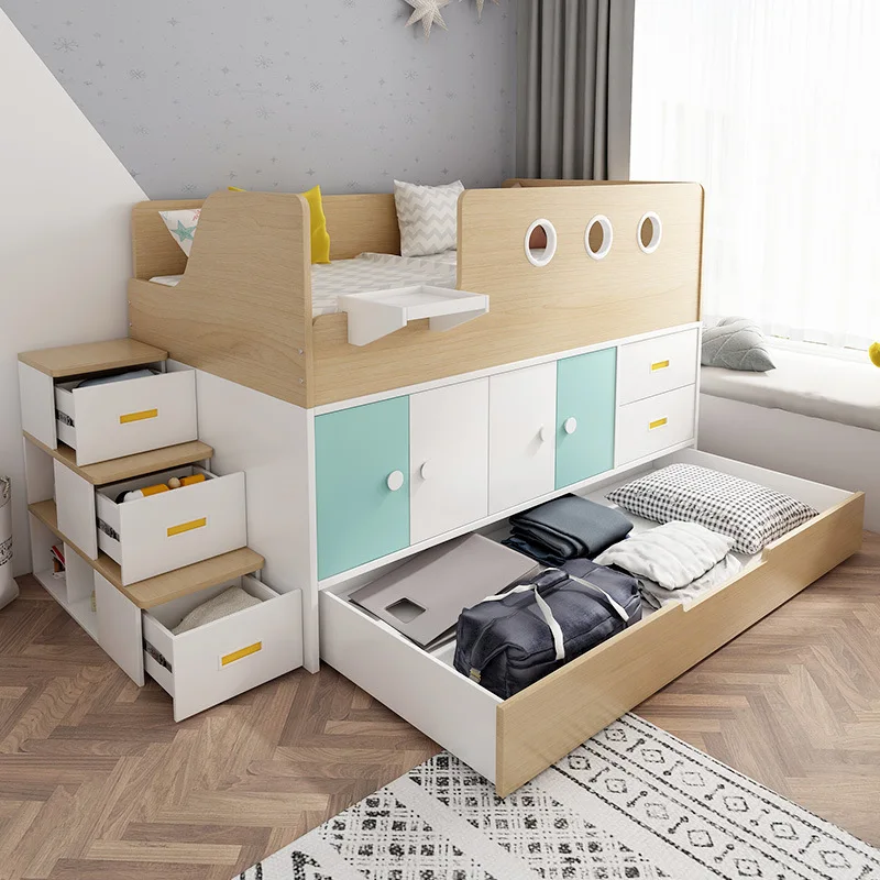 Children's Multi-functional Half-height Bed, , One Daughter, High and Low Bed, Mother and Child on And Off The Wardrobe