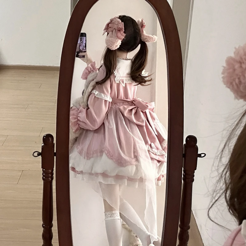 Mini vestido estilo lolita japonês para mulheres, babados bonitos, babados de malha, arco estrela, gola de marinheiro, mangas compridas, vestidos de princesa, kawaii