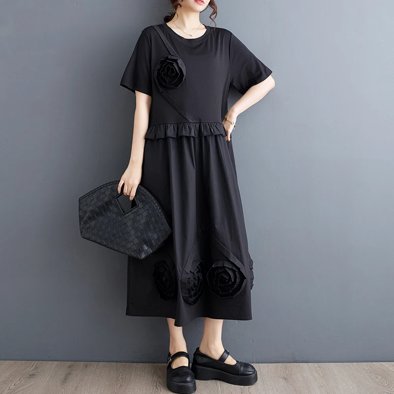 Robe T-shirt Manches Courtes, Noir, Patchwork, Fleur, At, Ligne A, Fendue, Streetwear, Longue, Taille Haute, #3874