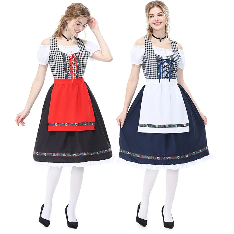 German Bavarian Dirndl Costume For Women Off Shoulder Square Neck Plaid Dress Beer Party Halloween Cosplay Outfit 4 Colors view 3