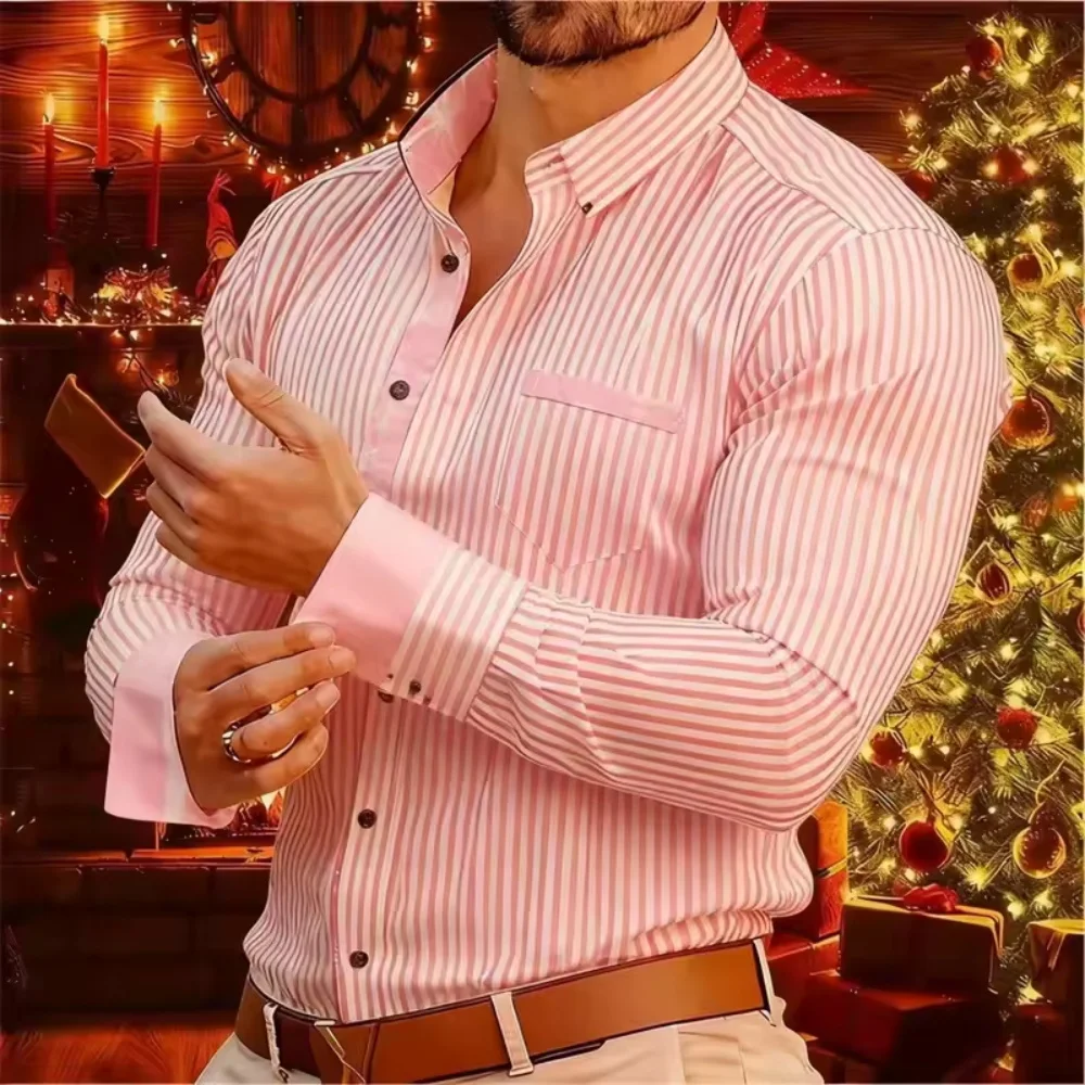 

New men's shirt Christmas holiday collar long sleeved shirt men's casual striped button up shirt fashionable design style plus s