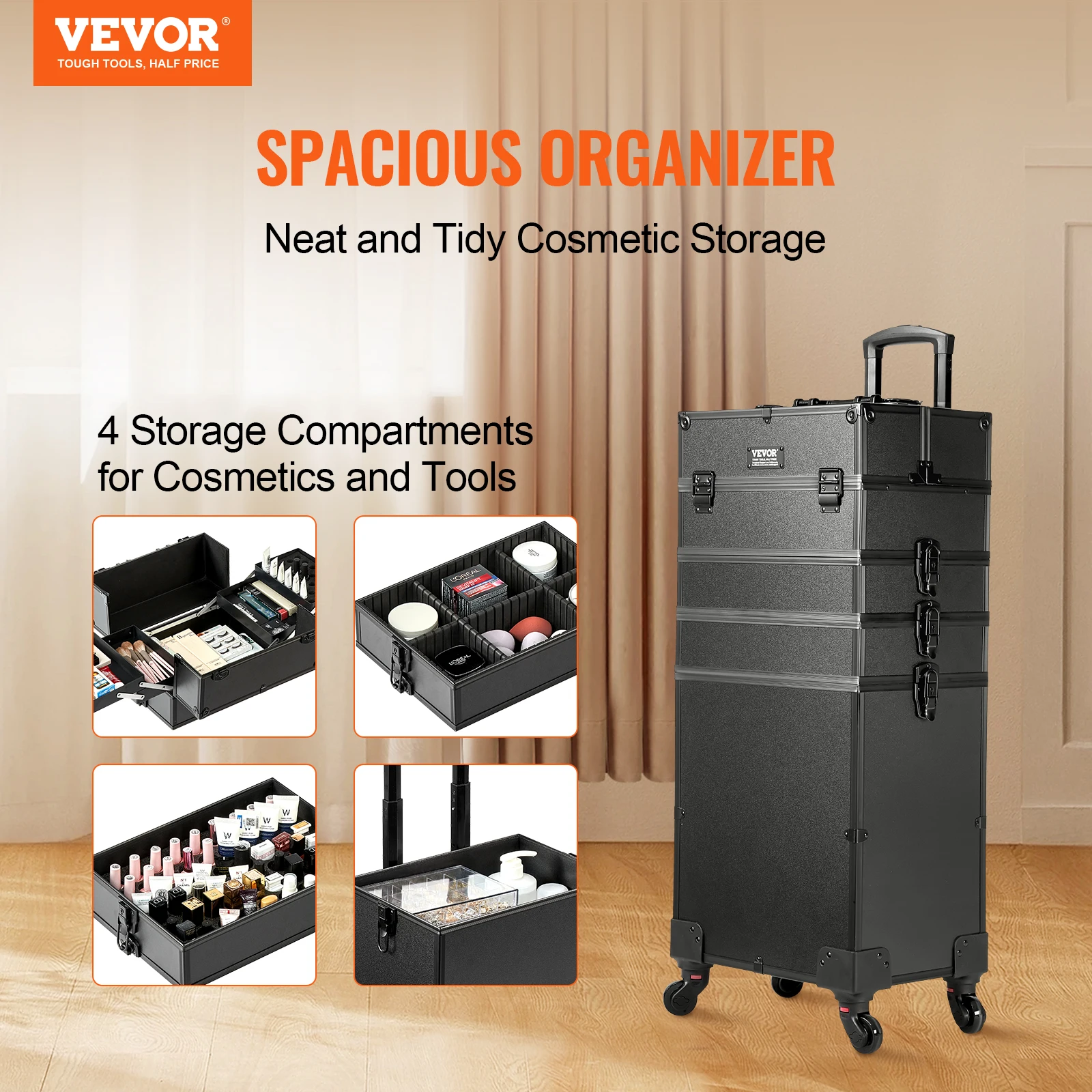 VEVOR Professional Makeup Train Case Aluminum Cosmetic Case Workbench With Supporting Legs Rolling Makeup Case Extra Large