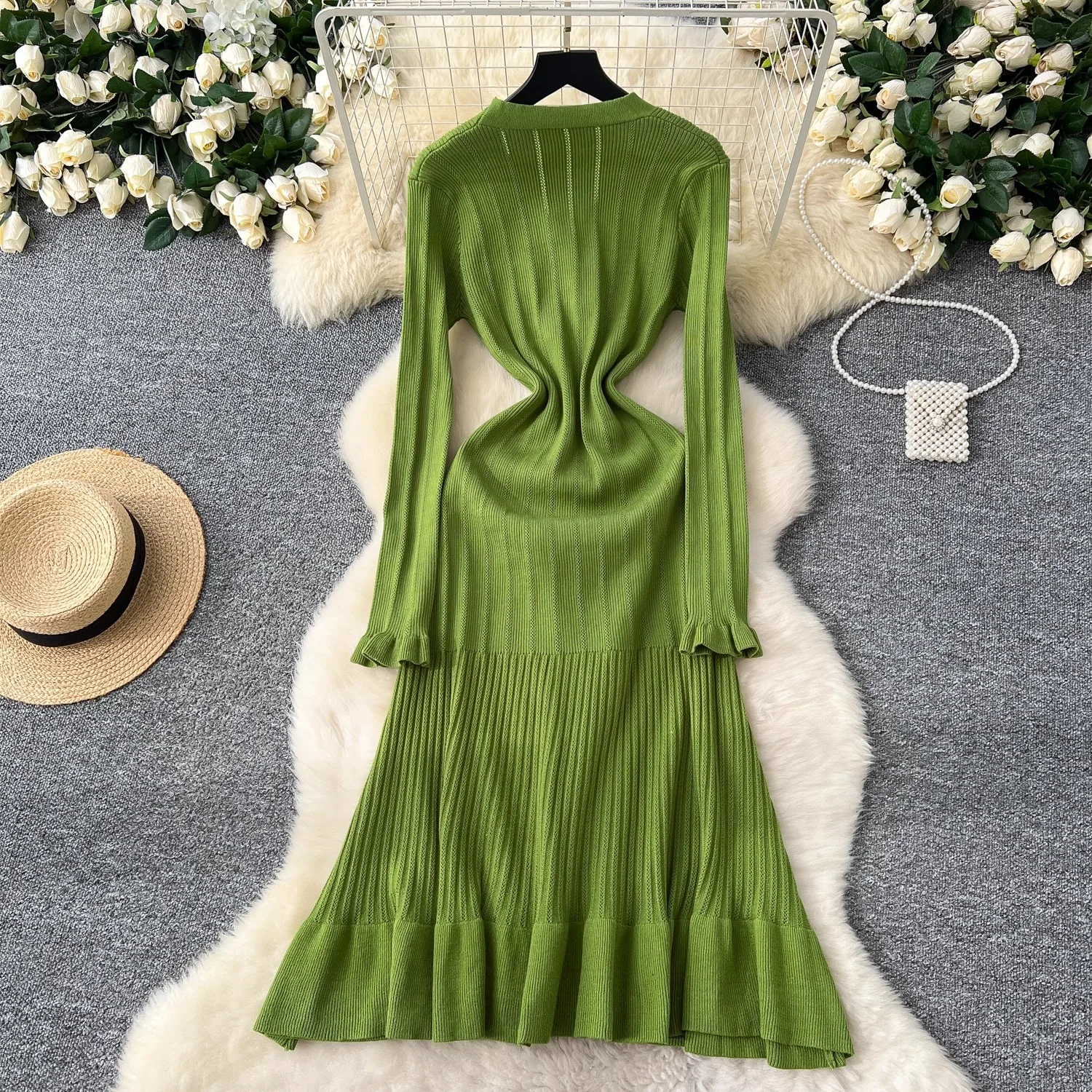 YuooMuoo Marke Mode Vintage Gestrickte Lange Kleid 2025, Herbst Winter Frauen Elegante V-ausschnitt Rüschen Pullover Kleid Party Vestidos