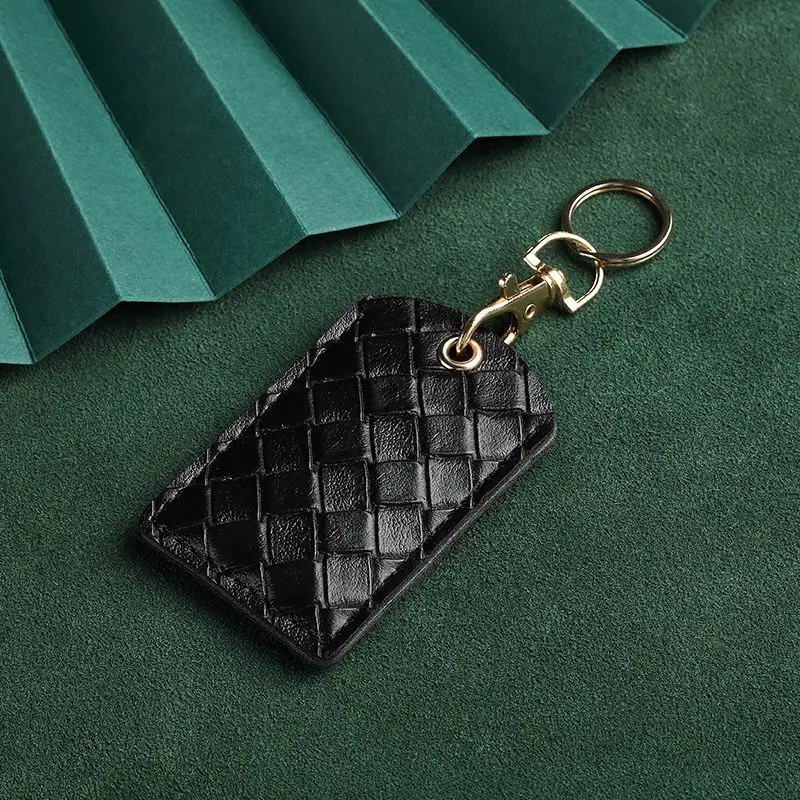 Hand-woven Access Control Card Cover Water Drop Rectangular PU Leather Keychain Mini Induction IC Card Protection Cover Keychain