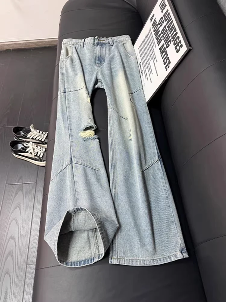 

Light Wash Ripped High Waist Slimming Men's Jeans Summer Thin High Waist Lift Crotch Long Leg Effect Water Washed Wide Leg Jeans