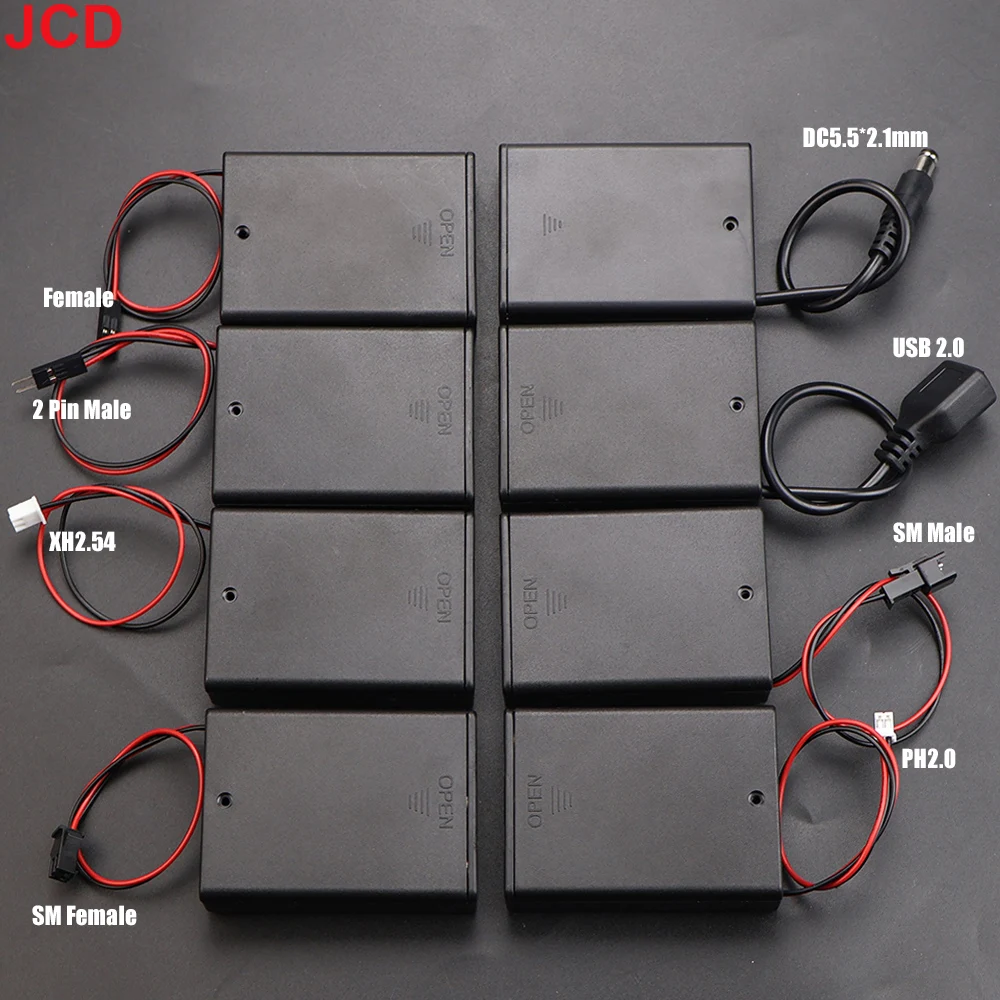 JCD 1 Piece 3x AA AABattery Holder Storage Case Box With Switch & Cover PH2.0 XH2.54 SM DC5.5*2.1mm USB Plug Terminal Cable