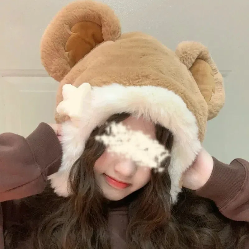 

Fashion Cartoon Plush Wool Ball Little Bear Hat Autumn Winter Women Warm Ear Protection Hat Big Bowknot Cap Head Cover Ear-cap