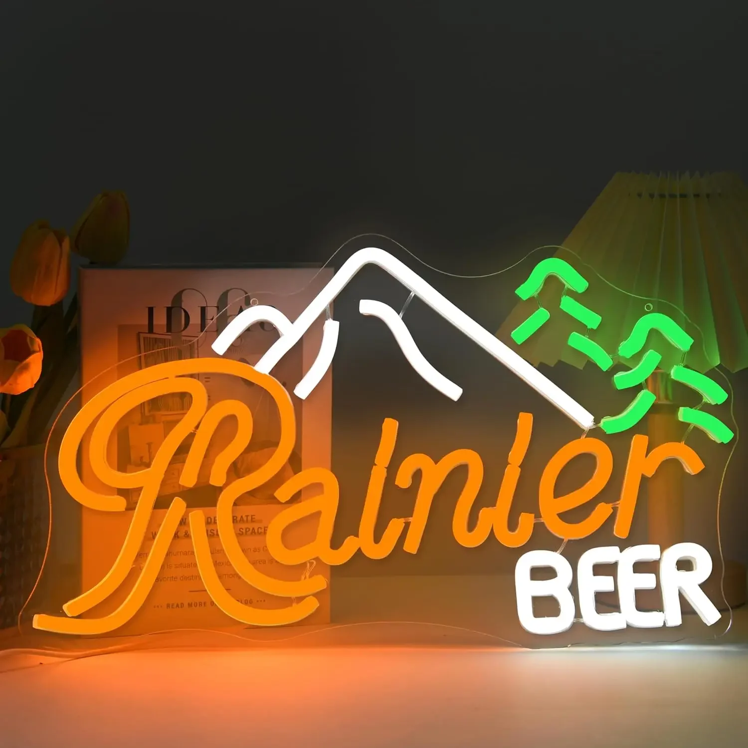 Rainier Beer Mountain Neon Sign Colorful Pine Tree LED Wall Art Acrylic USB Dimmable Hanging Light Bar Home Decoration