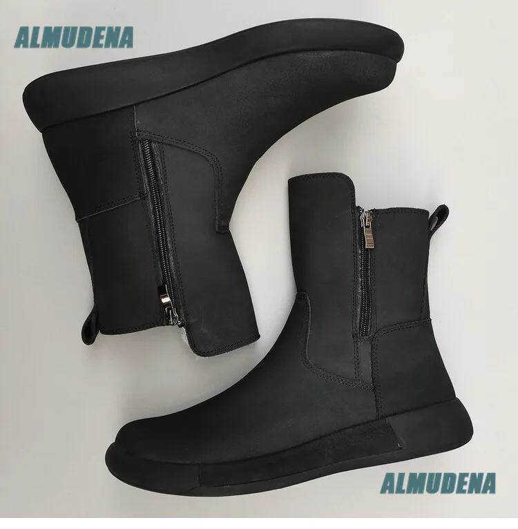 Men Black Leather Mid-Calf Winter Boots Round Toe Side Zipper Fleece Lined Warm Soft Flat Non-Slip Cold-Weather Snow Boots