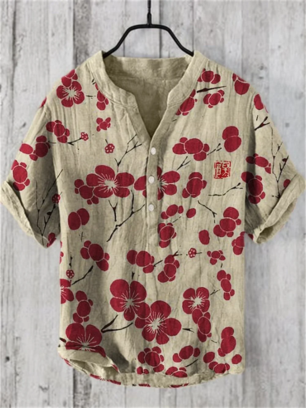 

Men's Japanese Retro Art Cherry Blossom Print Pullover, Fashion Button, Henry Collar, Vacation Casual Top, New