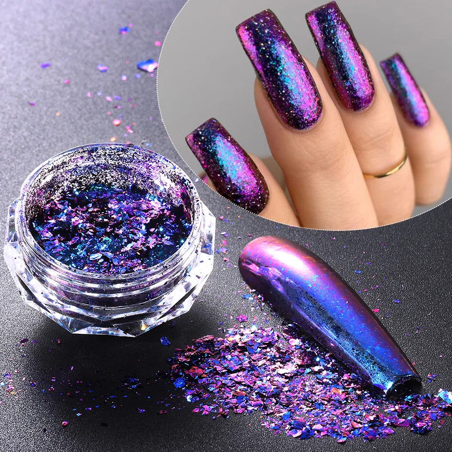 Chameleon Foils Nail Glitter Holographic Metal Gradient Coarse Flake Sliced Rubbing Pigment Power DIY Manicure Accessories BECP