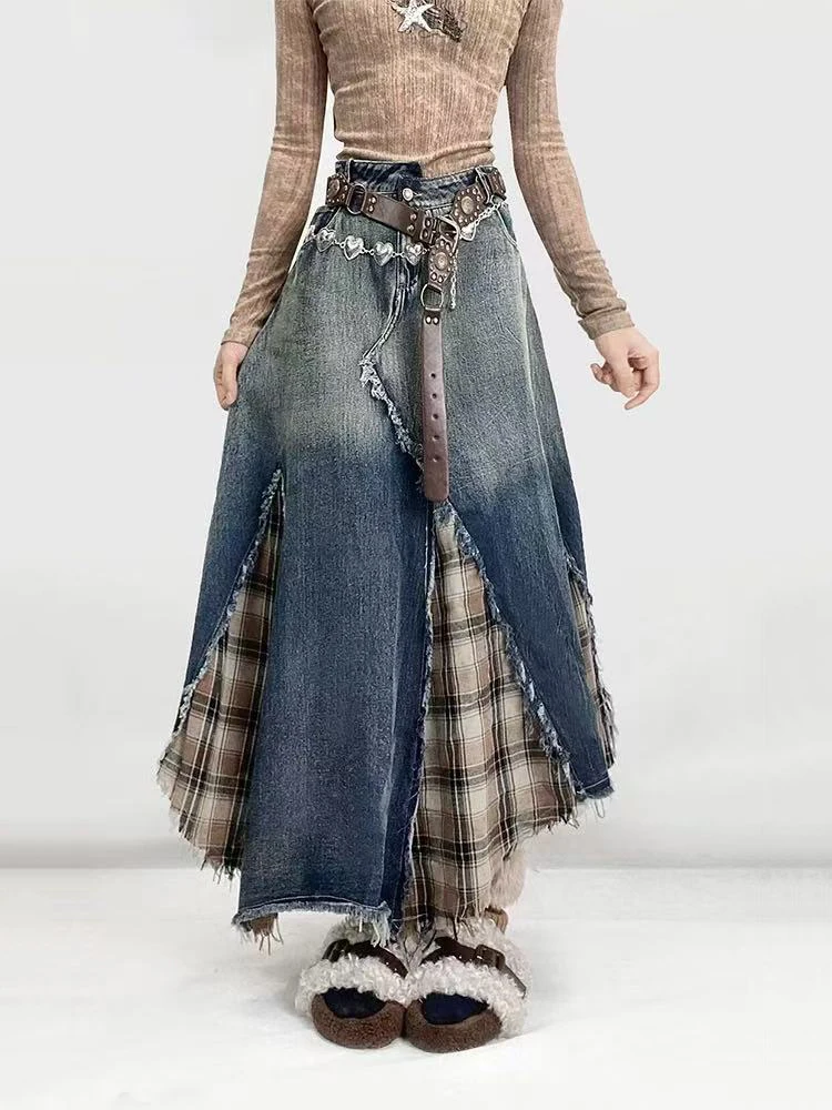 خمر منقوشة المرقعة الدنيم ميدي التنانير النساء Y2K الشارع الشهير غير النظامية شرابة ألف خط التنانير عالية الخصر كل مباراة الجينز التنانير