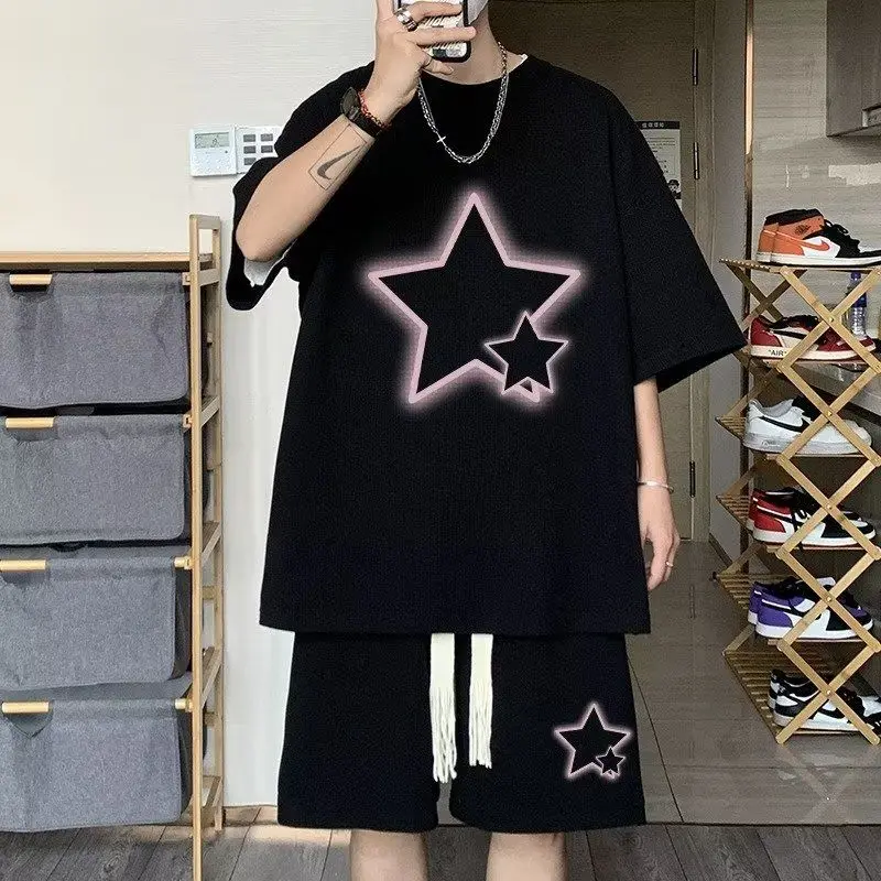 

Suit Men's Ruffian Handsome Summer Sports and Leisure T-shirt Shorts Two-piece Set American Trendy Brand One Set To Wear