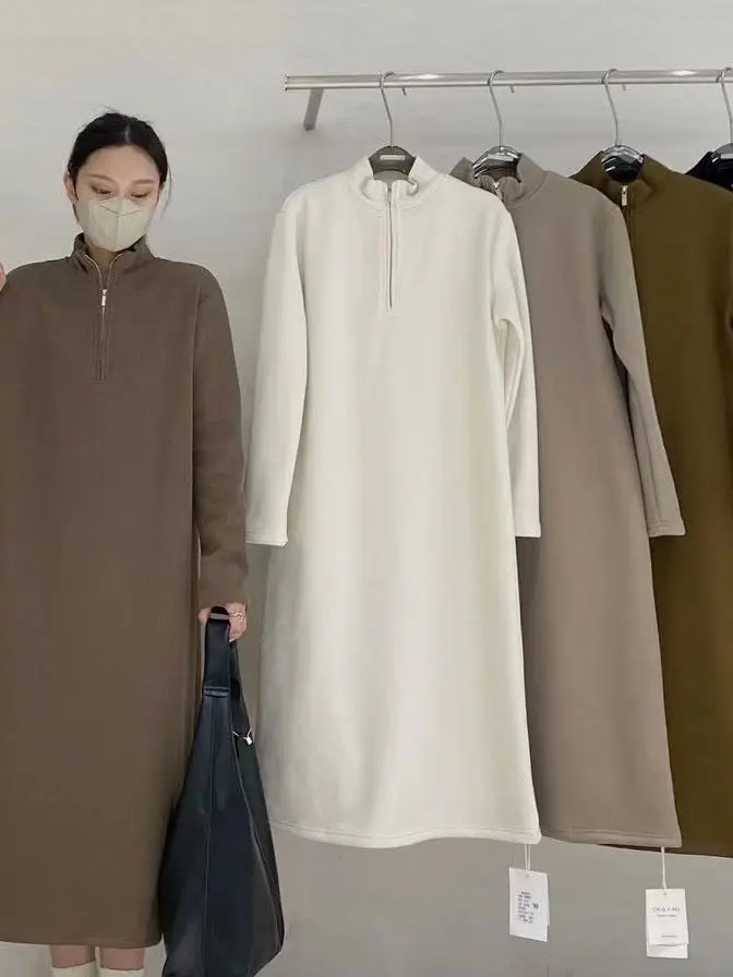 

Платье для беременных больших размеров, свободного прямого кроя, в корейском стиле, с полной молнией, воротником-стойкой, женское, скрытое, для беременных, длинное