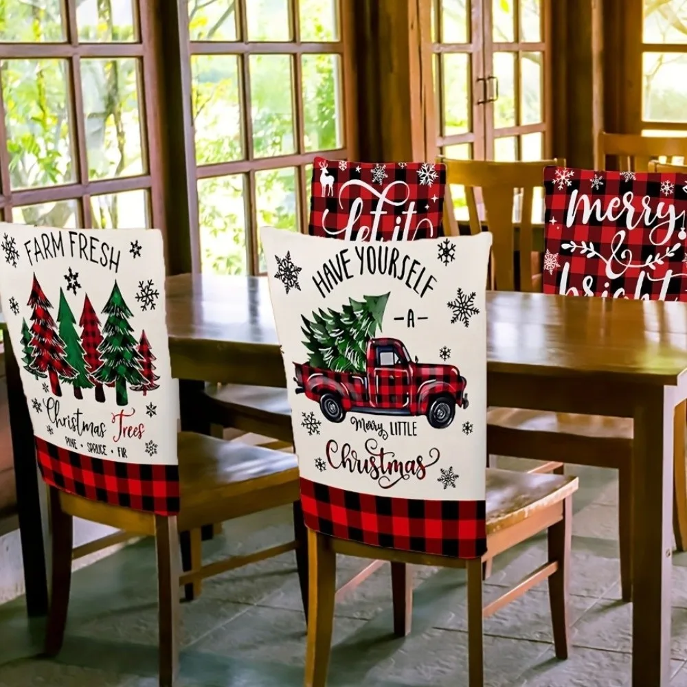 6PCS Buffalo Plaid Christmas Chair Back Cover Double Side Print Removable Dining Chair Cover Mixed Patterns Rustic Style
