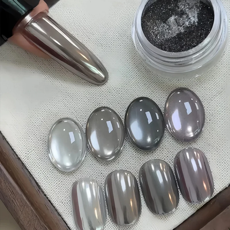 Polvo de uñas negro mágico de espejo, estilo ins, polvo de brillo de uñas de espejo súper brillante, polvo fino, textura fuerte, adecuado para ser