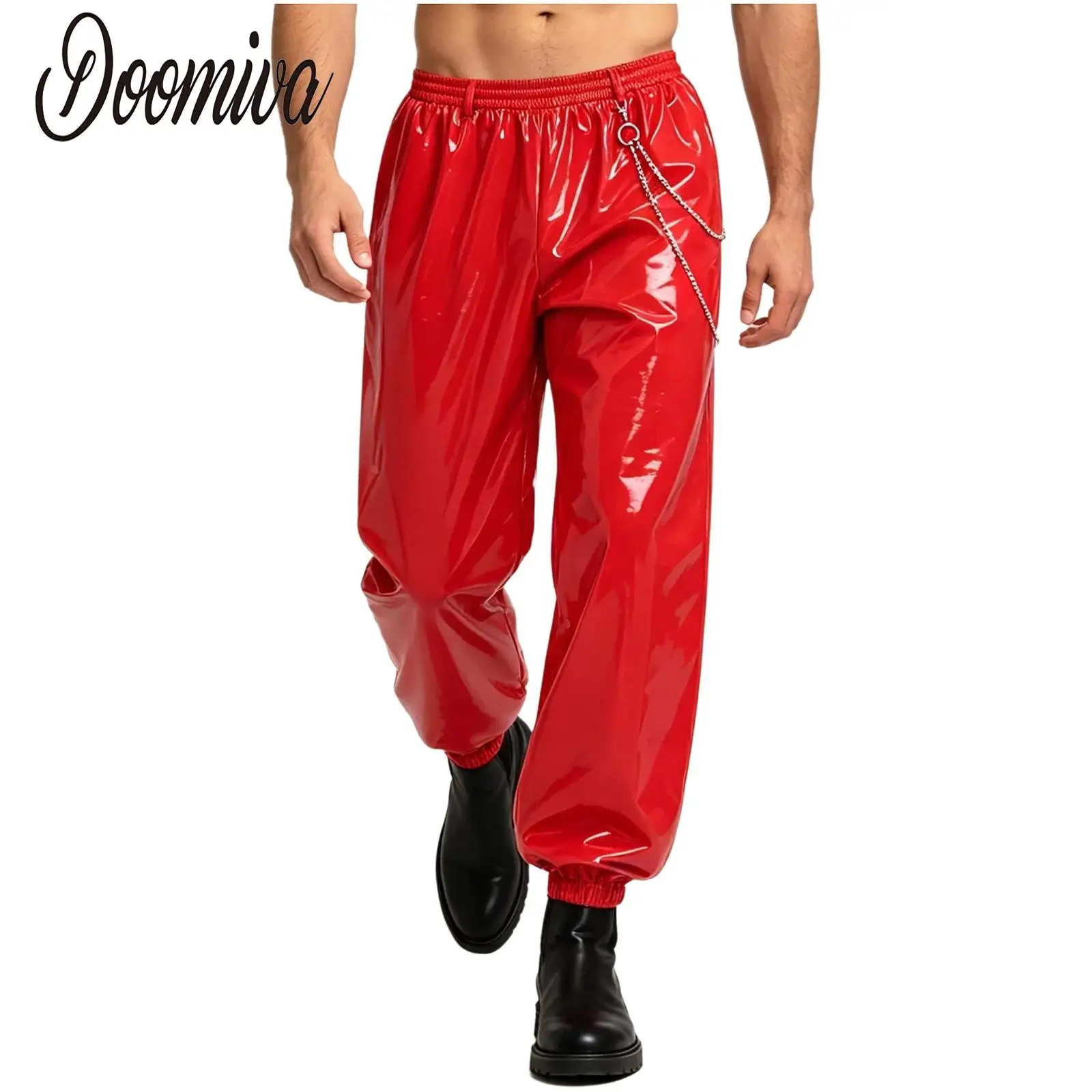 Men Patent Leather Jogger Pants Punk Trousers Raves Party Clubwear Metal Chain Detail Elastic Waistband Long Pants with Pockets
