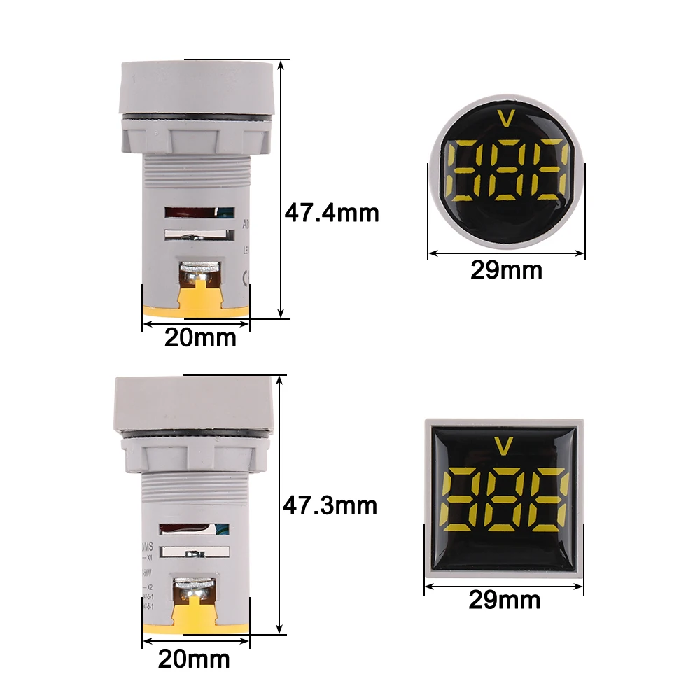 22mm AC60-500V LED Digital Square Round Voltmeter Voltage Meter Indicator Pilot Light Red Yellow Green Blue White Volt Tester