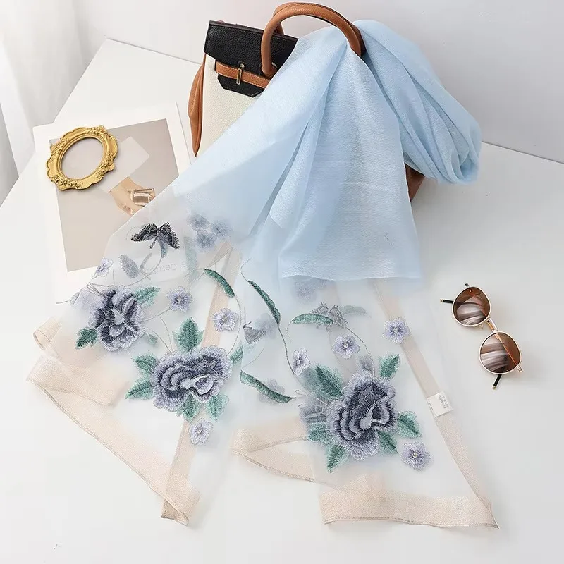 Lenço de seda para mulheres Hijab, Pashmina, envoltório de xales, bandana de luxo, cobertor, lenços bordados florais, foulard, alta qualidade