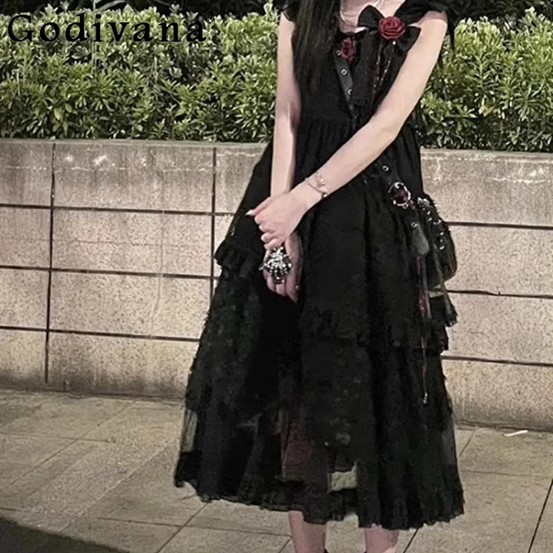 블랙 로즈 로리타 Jsk 드레스 여성 꽃 웨딩 Cos 드레스 여성 민소매 귀여운 공주 새해 인사말 드레스