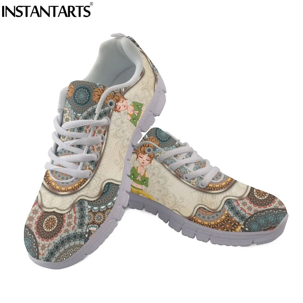 INSTANTARTS Mandala Boho Style Yoga Girl Design Ladies Flat Shoes Comfort Lace up Casual Sneakers for Women Autumn Soft Zapatos