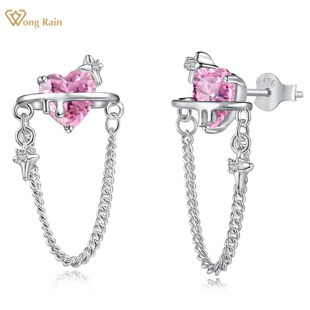 

Wong Rain 100% 925 Sterling Silver 8*8 MM Heart Lab Created Pink Sapphire Gemstone Earrings for Women Stud Jewelry Wholesale